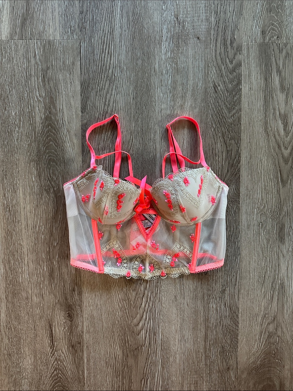 Victoria's Secret Dream Angels Lightly Lined Corset Top Tan 32C Neon Embroidery